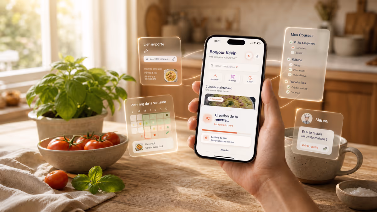 Mimosa importing a recipe on a phone held in a kitchen