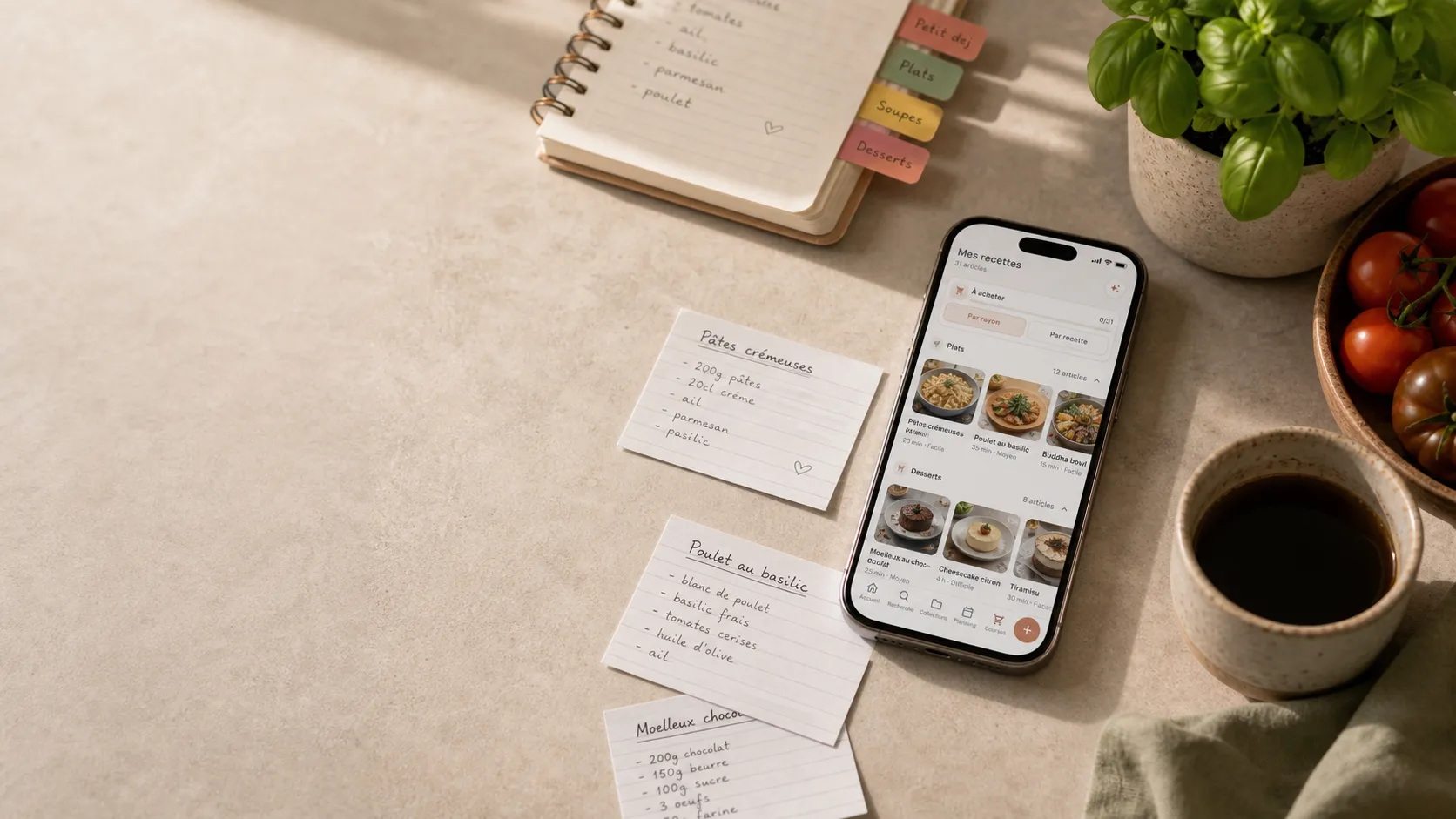 Recettes sauvegardées rangées en fiches sur une table de cuisine