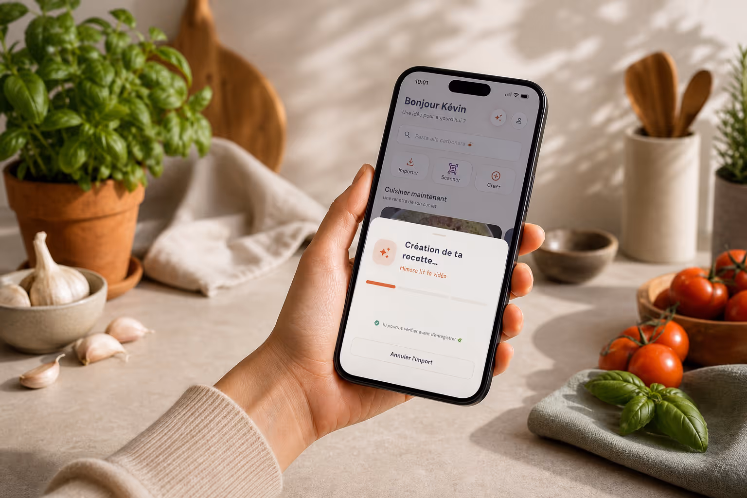 Mimosa importe une recette sur un téléphone tenu en cuisine