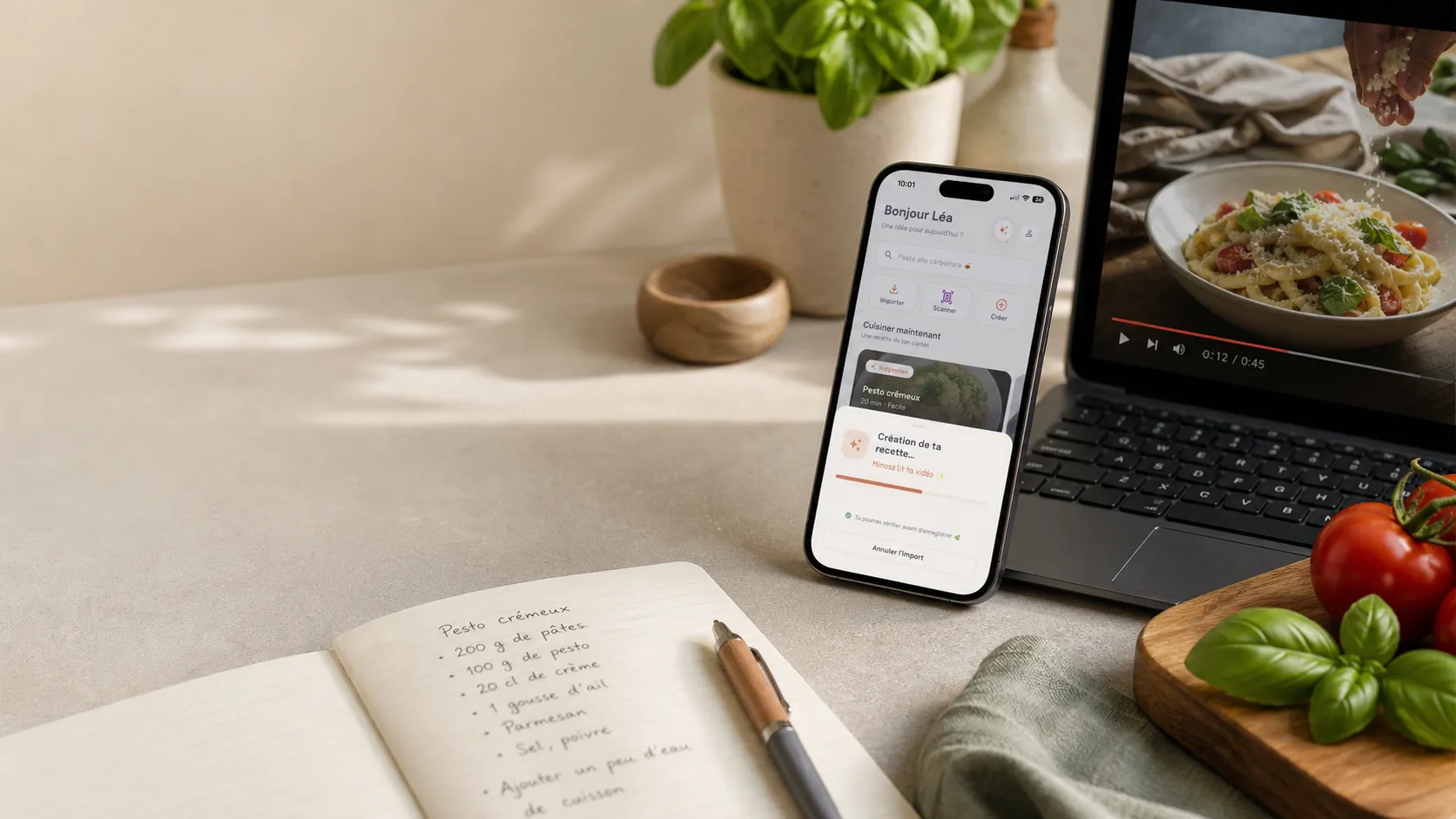 Recette vue en ligne puis importée dans Mimosa sur un plan de travail