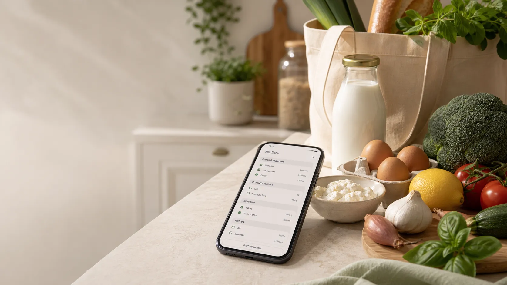 Liste de courses sur téléphone avec ingrédients rangés sur un plan de travail